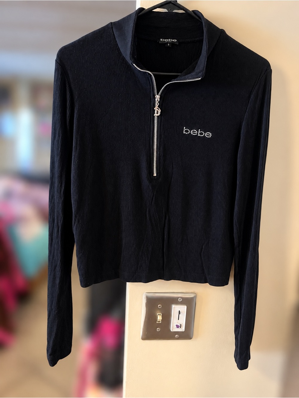 Bebe Black Ribbed Half-Zip Pullover with Crystal Logo